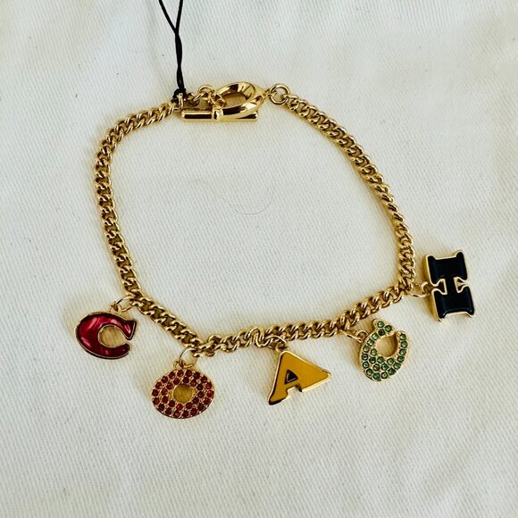 COACH MULTICOLOR ENAMEL RHINESTONES DANGLING FASHION BRACELET GOLD PLATED - Picture 2 of 6